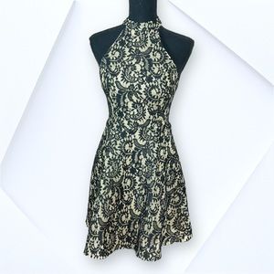 NWT- Black and Nude Lace Fit and Flare High Neck Open Back Party Dress - small